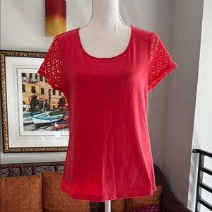 Women’s Red Lace Sleeve Scoop Neck Top
